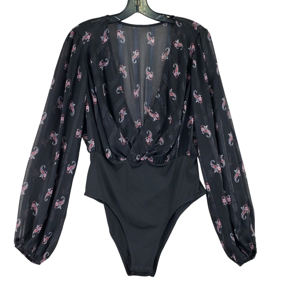 Paisley Print Whimsigoth Bodysuit Womens Large Black Boho Chic Wrap V-Neck